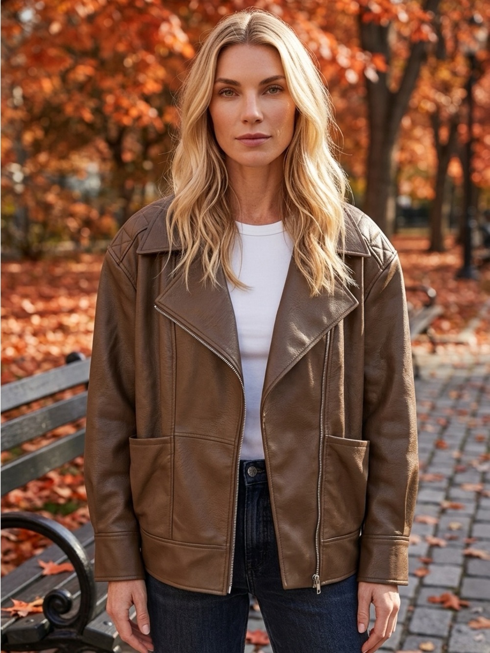 Classic Brown Faux Leather Jacket for Women - Stylish Motorcycle Jacket